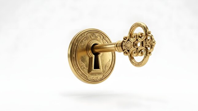 Ornate Gold Key with Intricate Embossed Handle in Spotlight