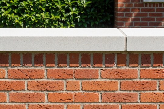 Close up view of red brick wall with white stone capstone. Exterior building construction shows clean masonry work, modern architecture. New garden fence house boundary with polished stone top,