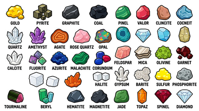 Collection of Various Minerals and Gemstones Illustrated.
