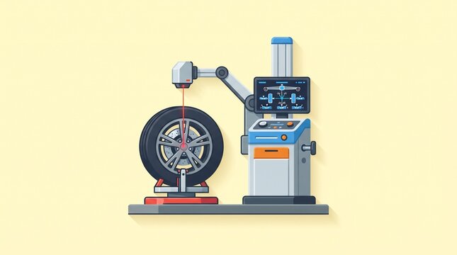 Computerized tire alignment machine icon with laser sensor and digital display, isolated on pastel background for precision automotive maintenance