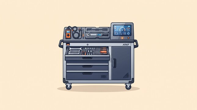 High tech automotive tool cabinet icon with organized repair tools and digital control screen, isolated on pastel background for modern workshops