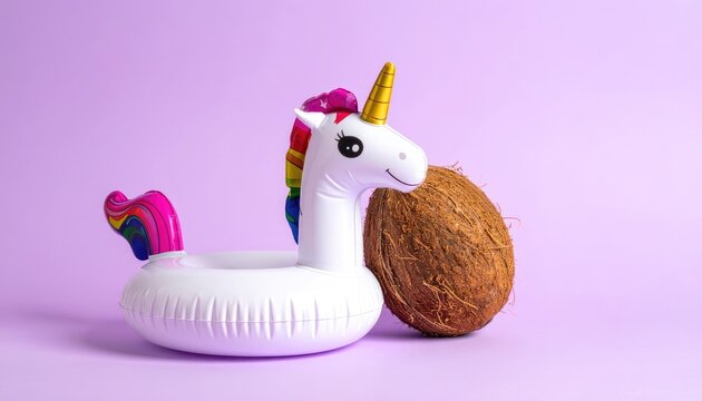 A whimsical unicorn float sits beside a coconut on a lavender background.