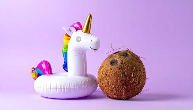 A whimsical inflatable unicorn float sits beside a whole coconut against a lavender background.