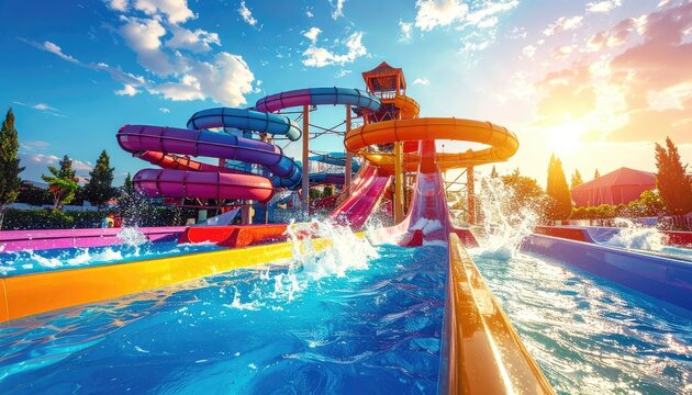 A vibrant water park with colorful slides and splashing water under a sunny sky.
