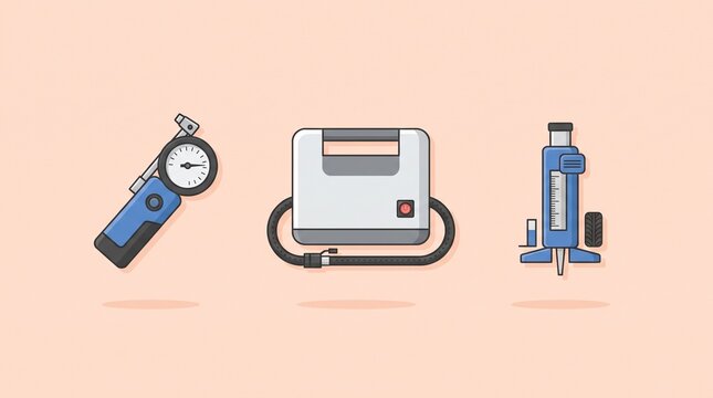 Car tire maintenance icon with pressure gauge, tread tool and air inflator, isolated on pastel background for vehicle safety inspection and servicing