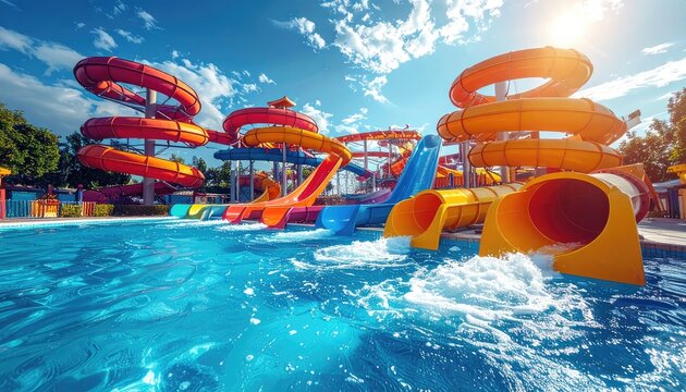 A vibrant water park with colorful slides and a clear blue pool on a sunny day.