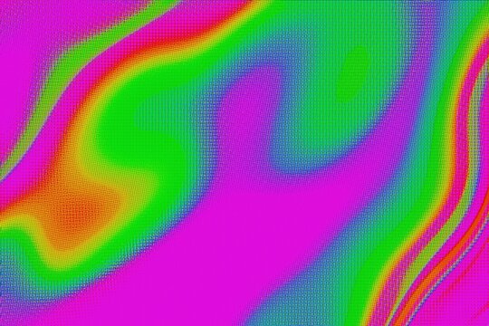 Abstract iridescent halftone dot pattern with neon green and cyan waves on a magenta background. Anchors psychedelic EDM and rave design with a futuristic Y2K aesthetic.