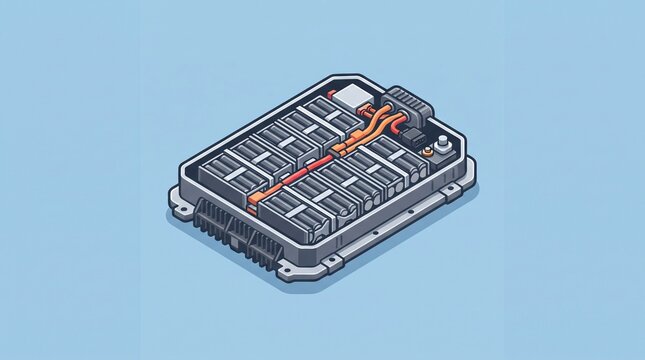 Electric vehicle battery pack icon with visible cells and electrical connectors, isolated on pastel background for automotive energy technology concepts
