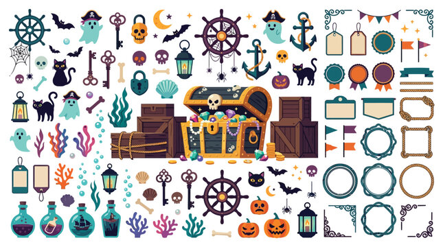 Halloween pirate adventure vector set, spooky nautical icons with treasure chest and ghosts, cute gothic maritime clip art collection