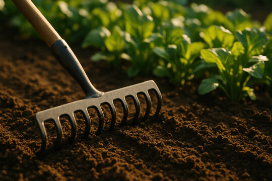 Metal garden rake smoothing soil in vegetable patch with fresh green plants in background farming and gardening tool concept warm sunlight
