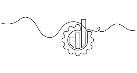 Obraz premium Gear bar chart continuous line art depicting industrial manufacturing growth and business analytics with editable stroke.