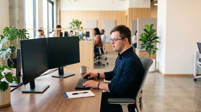 Young man with Down syndrome working on dual monitors in a modern office