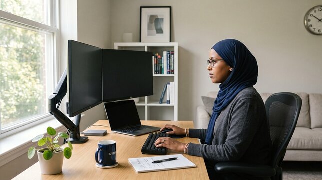 Professional woman in hijab working on dual monitors in a home office