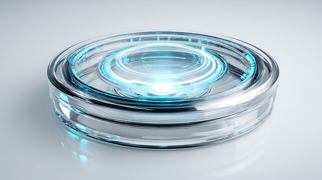 Futuristic circular device with metallic rings and glowing blue elements, symbolizing artificial intelligence, cybersecurity, computing, digital technology, innovation, and security