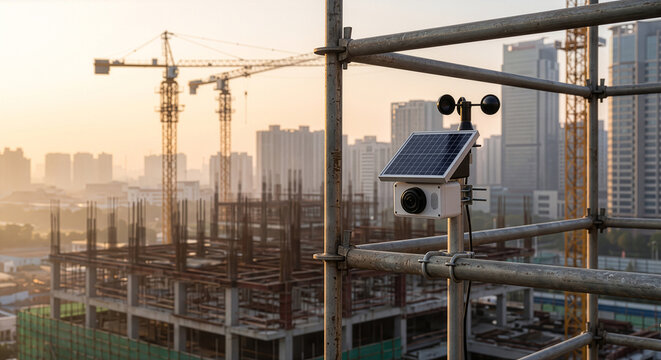 朝焼けのビル建設現場で足場に設置されたソーラー式IoT監視カメラと風速計による環境モニタリングとスマート施工管理や建設DX