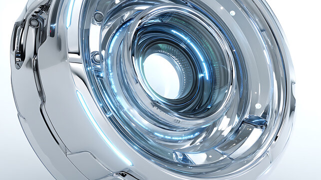 Futuristic metallic circular mechanism with glowing blue elements and reflective surfaces, representing artificial intelligence, cybersecurity, advanced computing, digital technology, and innovation