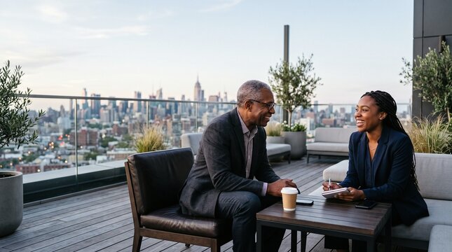 Mature Black male executive mentoring a young woman on a city rooftop lounge