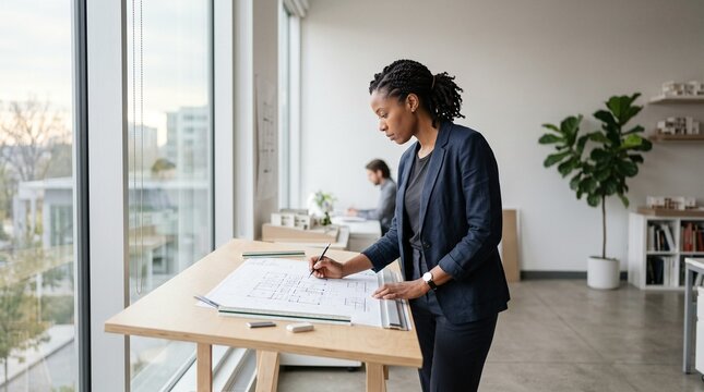 Black female architect working on blueprints in a modern minimalist studio