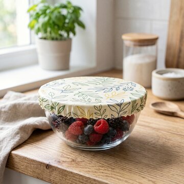 Beeswax food wrap covering a glass bowl of fresh berries on a wooden table