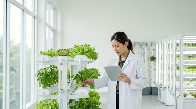 Agricultural scientist using a tablet to monitor plants in a modern greenhouse