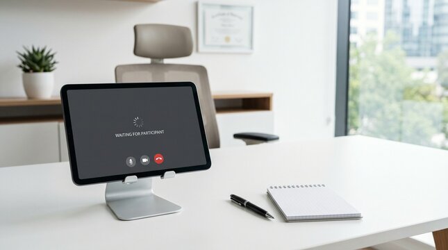 Modern tablet displaying a video call interface on a minimalist office desk
