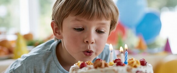 Naklejka premium A happy child blowing out candles on a decorated birthday cake at a lively party.