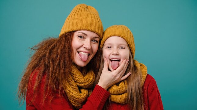 Joyful mother and daughter playfully sticking out tongues wearing winter hats and scarves