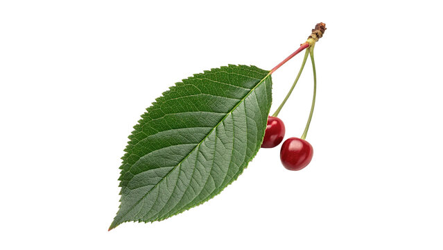 Fresh green cherry tree leaf with two small red berries isolated on transparent background
