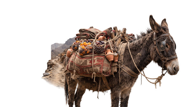 Rustic pack donkey carrying traditional goods, working animal with heavy saddlebags on mountain trail, nomadic transportation mule with pottery isolated PNG with Transparent Background