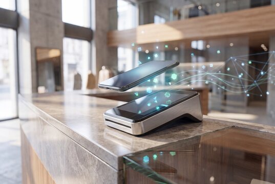 A smartphone hovering above a payment terminal on a marble counter in a modern store with particles lines connecting counter glowing geometric