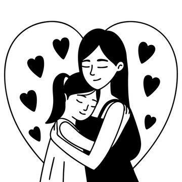 Heartwarming Mother Daughter Line Art Illustration Showing Loving Family Bond