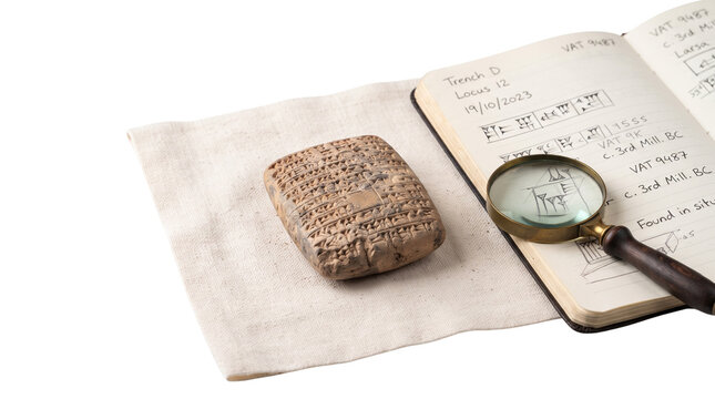 Ancient Sumerian cuneiform clay tablet, archaeological research field notes with magnifying glass, historical artifact study isolated PNG with Transparent Background