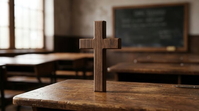 Wooden cross on a classroom desk as a symbol of faith, education, and reflection in a learning environment