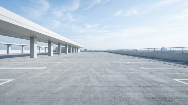 Versatile urban commercial space and backdrop featuring an expansive rooftop parking lot with clear sky