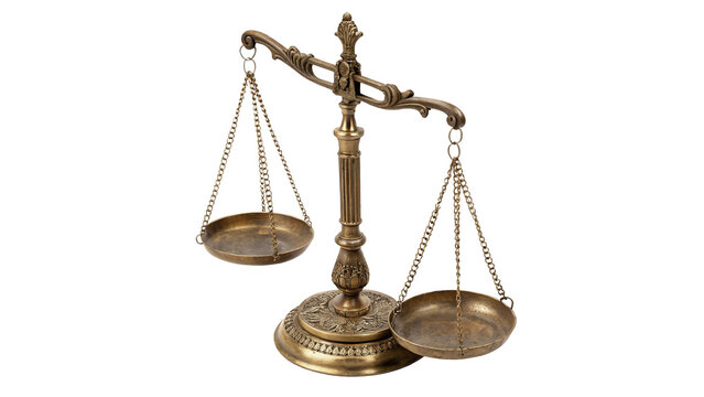 Classic vintage bronze balance scales of justice symbol isolated on transparent background