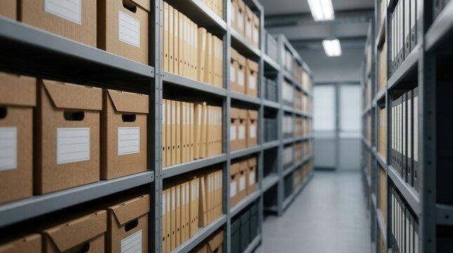 Organized archive shelves with files and boxes in an office storage room