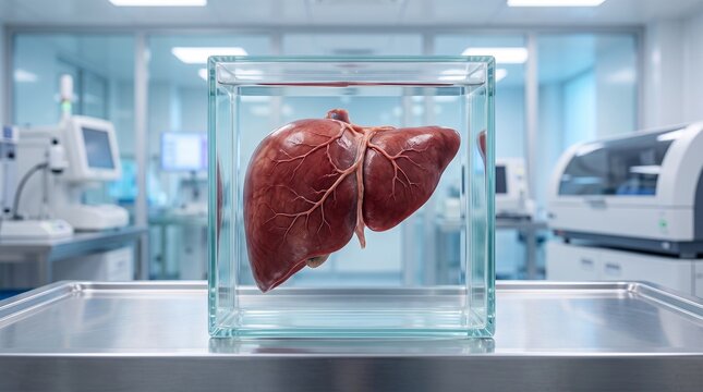 Human liver specimen in glass case in modern laboratory setting