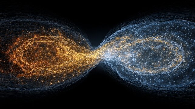 A mesmerizing visualization of the bubble collision hypothesis, depicting two infinite loops of energy represented by vibrant orange and blue light forming a cosmic connection, set against a dark back