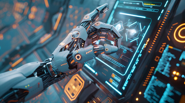 Close-up robotic hand with advanced sensors representing artificial intelligence and automation