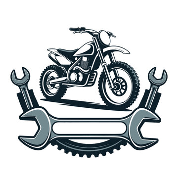 motorcycle icon vector, A classic motorcycle emblem with a chopper-style dirt bike centered above two crossed wrenches framing a decorative gear at the base
