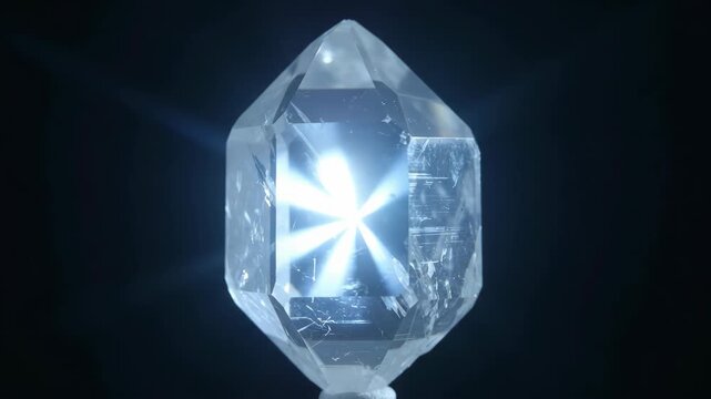 A translucent quartz crystal glows with a bright inner light, floating in dark space, radiating a mystical and energetic atmosphere.