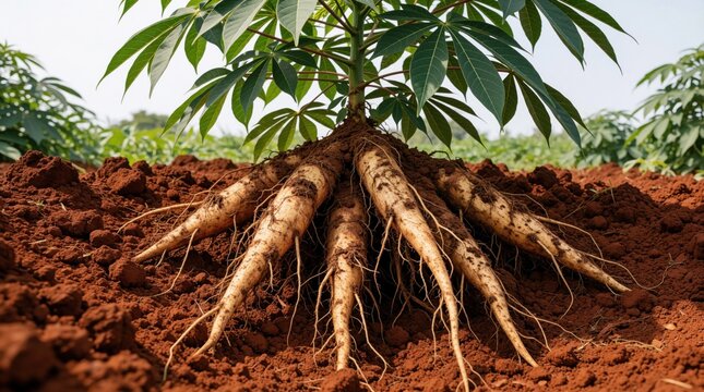 Fresh cassava roots pulled from red soil in farm field. Raw tapioca tubers grow underground with green leaves above ground. Organic manioc plant shows healthy crop harvest during summer season in