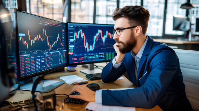 Technology analyst reviewing digital investment trends, data charts and market strategies.