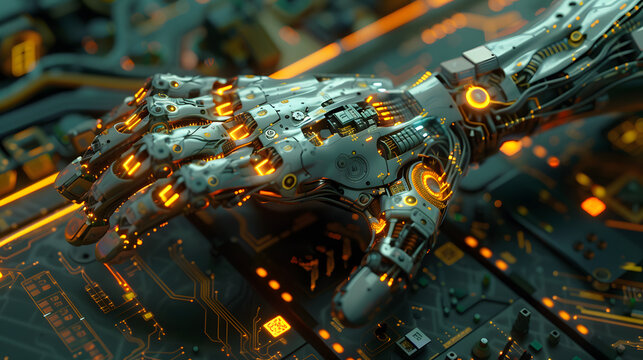 Robotic hand close-up showcasing advanced automation, artificial intelligence, and future technology.