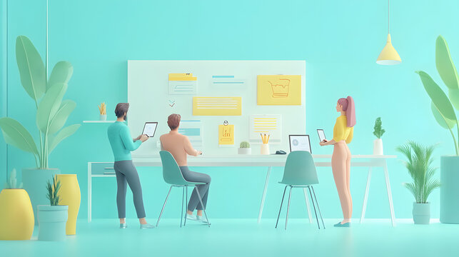 Developers collaborating around a whiteboard during a software development team meeting...