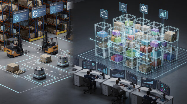 Digital twin warehouse model synced with real time inventory for smart logistics and automation