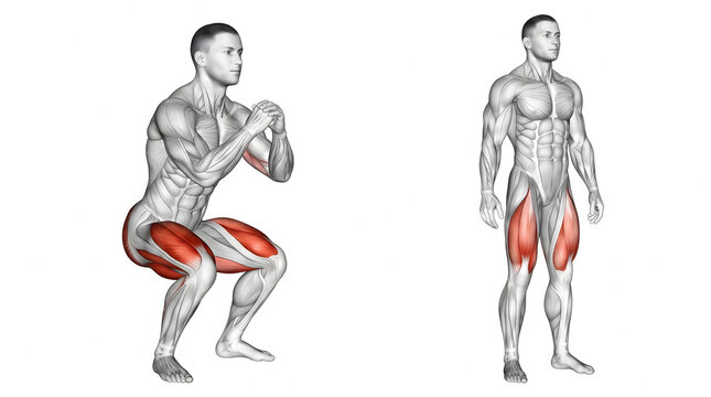 Detailed anatomical illustration of a man performing a squat exercise, with key leg and glute muscles highlighted in red. This educational diagram is ideal for fitness, medical, and health-related...