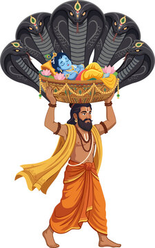 Janmashtami Vasudev Carrying Krishna Resting Under Sheshnag