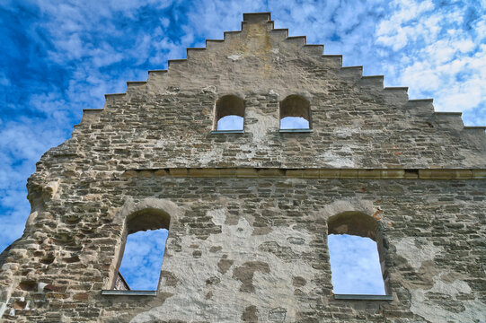 Old Stone Gable of the Brahehus Castle Ruin Against a Blue Sky.