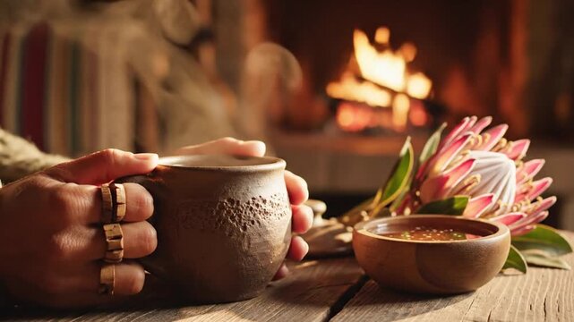 Hands holding steaming ceramic cup by cozy fireplace
